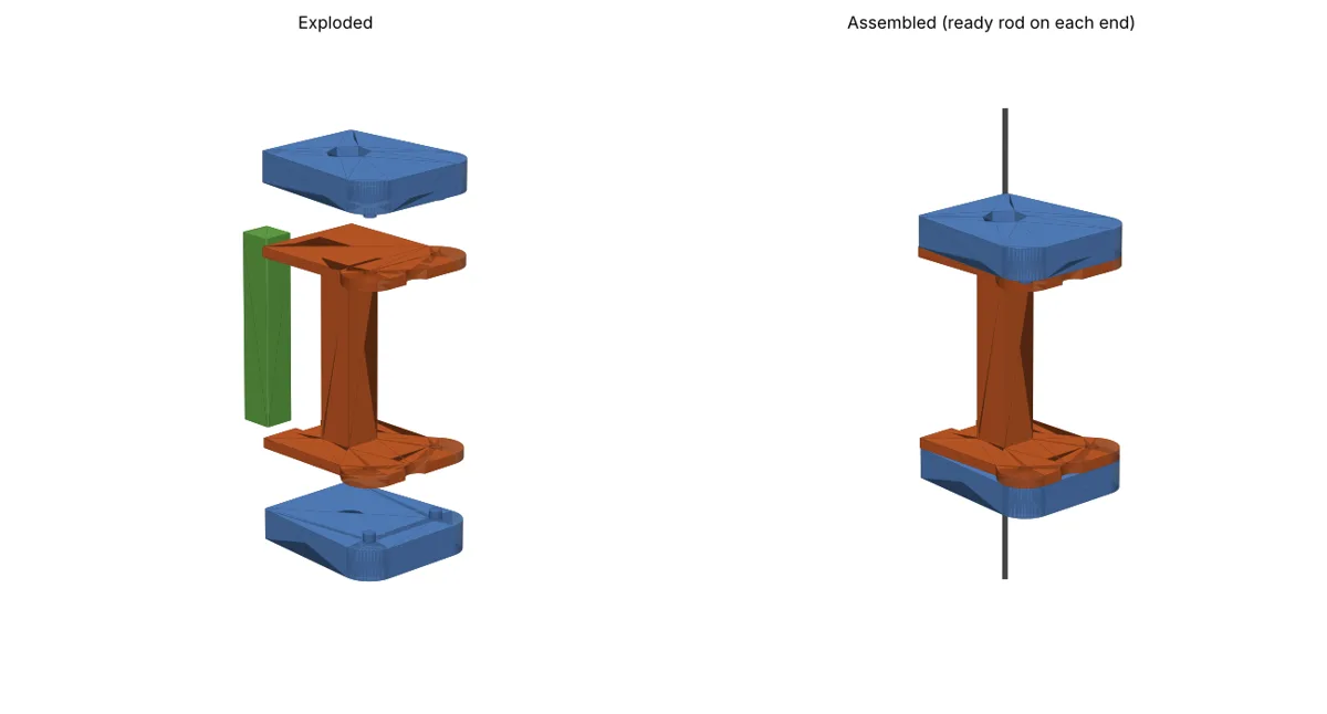 Bobbin holder CAD model, exploded and assembled on a threaded rod
