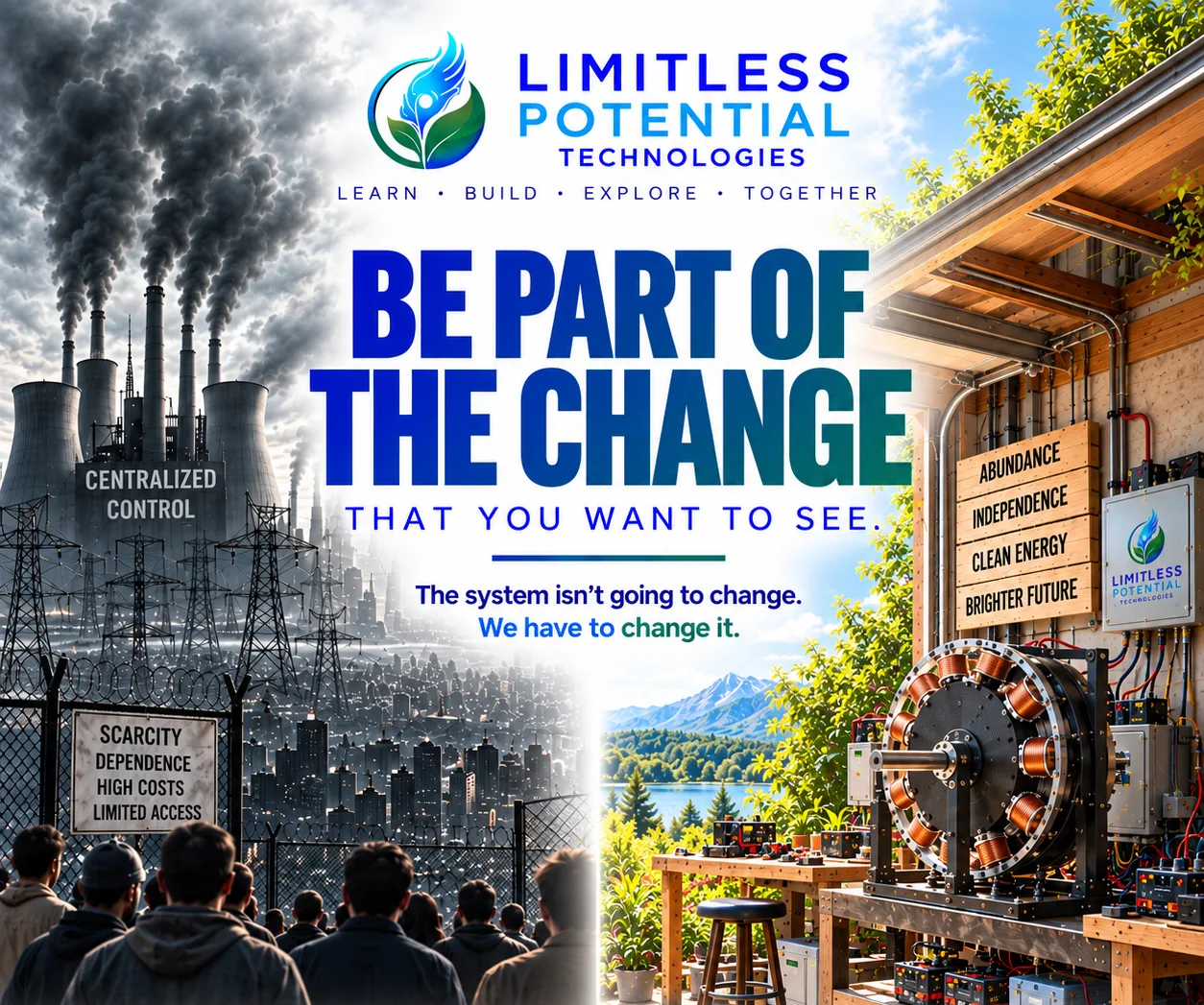 Be part of the change that you want to see. On the left, smokestacks, power lines and a fenced crowd under centralized control. On the right, a home workshop with a coil generator, abundance, independence and clean energy.