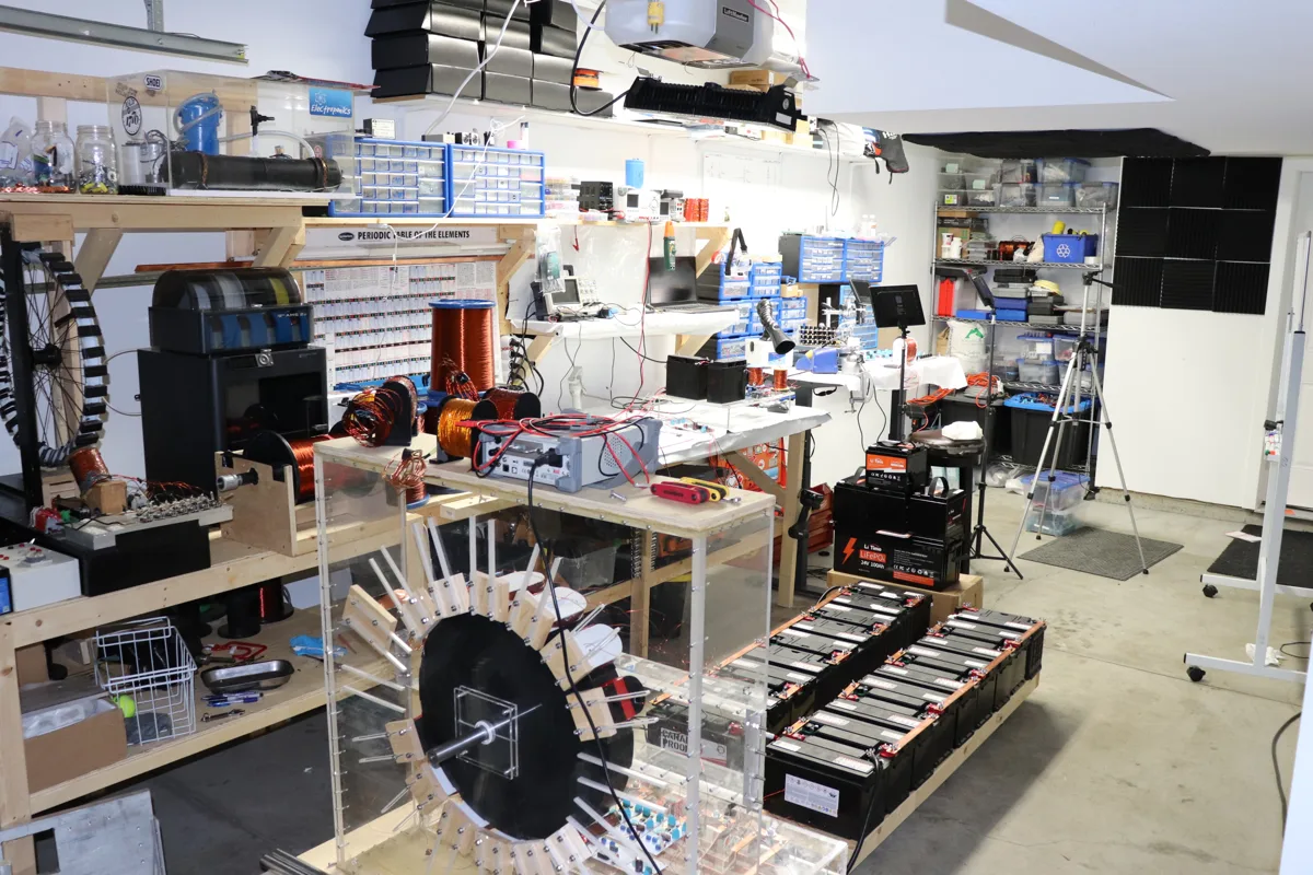 Spencer's shop from behind, with the rotor machine, coils and battery bank